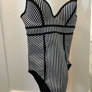 SPANX Black and White Striped Swimsuit